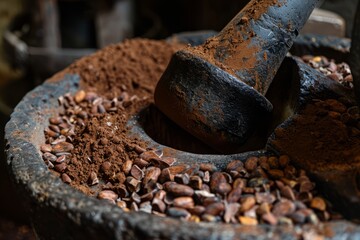 A close-up of cacao beans being ground into powder, with a traditional molcajete (mortar and pestle). 