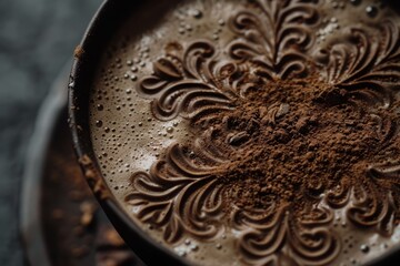 A close-up of the frothy top of a ceremonial cacao drink, with intricate designs and a sprinkle of cacao powder. 