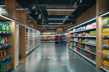 Interior of a supermarket with shelves filled with groceries