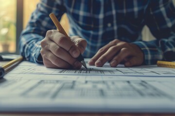 Close up of architect designing a blueprint of a house