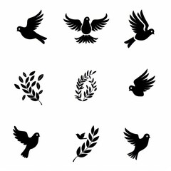 Obraz premium Peace dove graffiti, pigeons, twigs ink illustration. Flying birds silhouettes monochrome flat icons