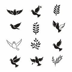 Obraz premium Peace dove graffiti, pigeons, twigs ink illustration. Flying birds silhouettes monochrome flat icons