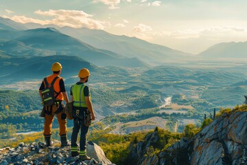 Obraz premium Environmental engineers overlooking a valley