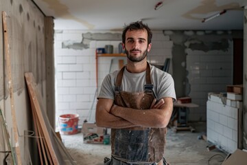 Young male tile installer in new home