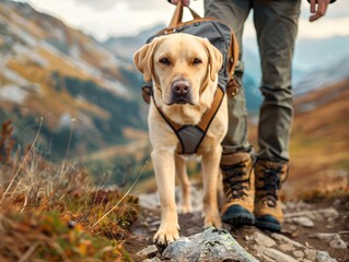 Mature Labrador Retriever Hiking with Backpack Alongside Owner on Scenic Mountain Trail