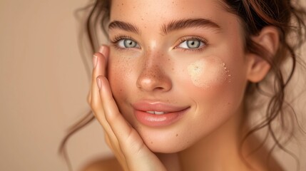 Fototapeta premium Close up beauty portrait of a laughing beautiful woman applying face cream isolated over beige background