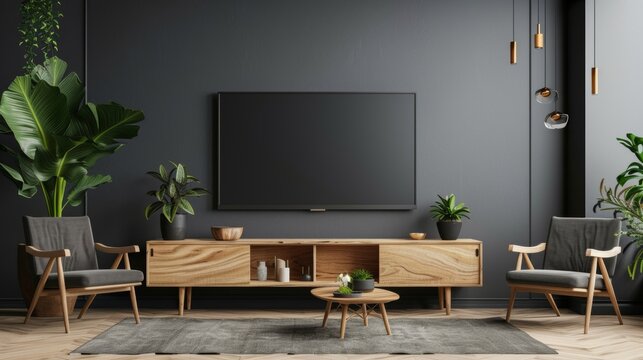 Fototapeta Two tone color wall background,Modern living room decor with a tv cabinet