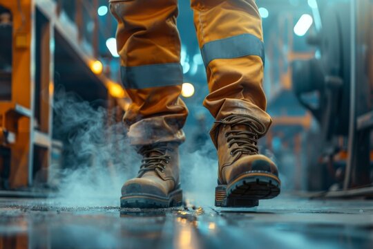 Close up of safety shoes on a factory worker