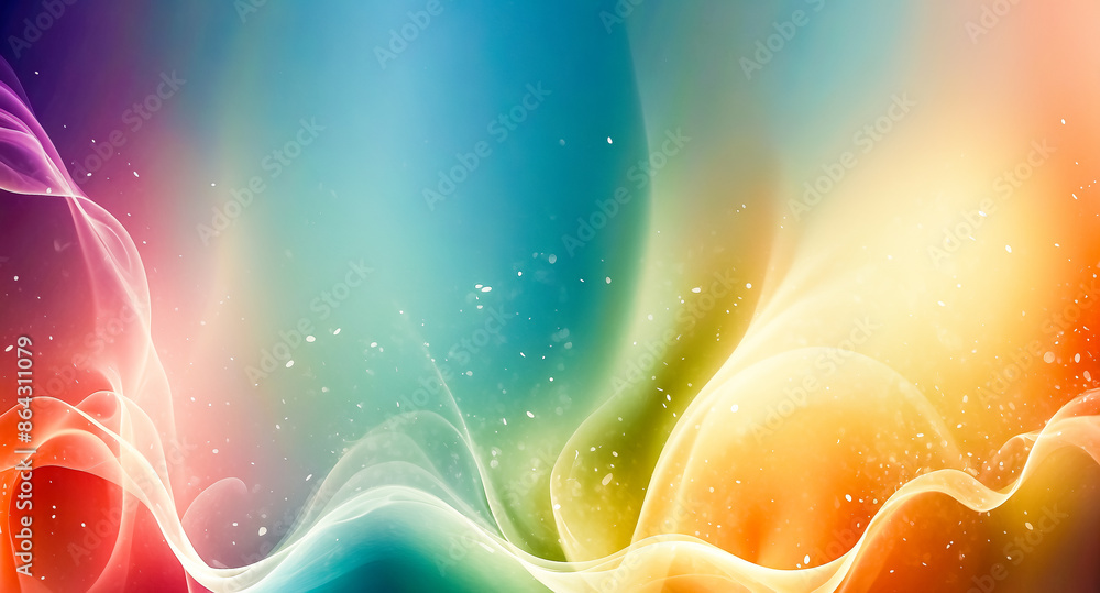 Poster abstract colorful background with wavy lines and glowing particles