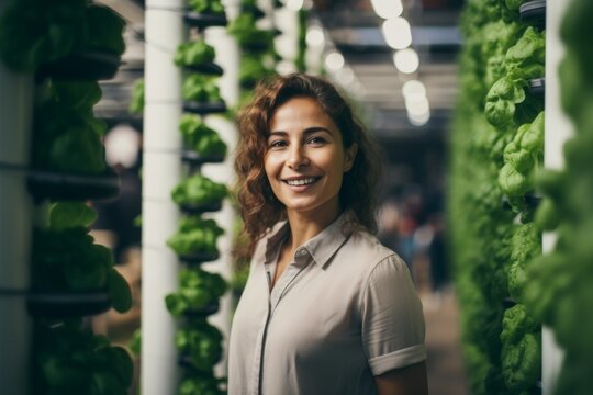 Portrait of a smiling Hispanic woman in modern greenhouse