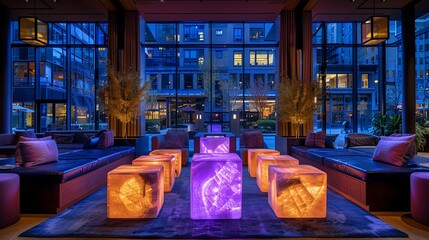 Common area with interactive art pieces, dynamic lighting, and unconventional seating arrangements