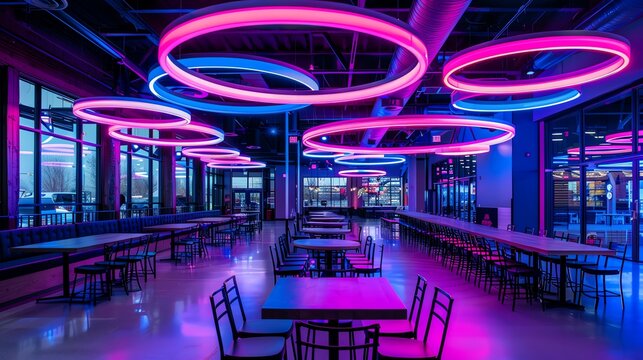 Common area with interactive art pieces, dynamic lighting, and unconventional seating arrangements