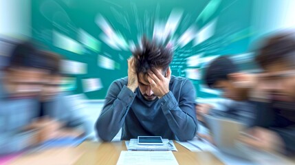 Professional man in a classroom overwhelmed by stress. Colorful background with blurred motion effect. Conceptualizing educational stress and pressure. Vibrant and dynamic stock image. AI