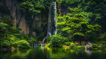A beautiful landscape featuring a waterfall flowing into a serene pond, with vibrant greenery all around