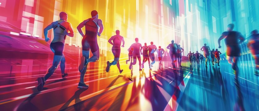 A stylized 2D illustration of a modern pentathlon during the Olympic 2024, with athletes competing in various disciplines. The background includes a blend of different sports venues, showcasing the