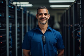 Portrait of a smiling male technician in server room