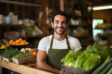 Smiling young man working in healthy food store