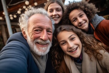Smiling grandparents taking selfie with their grandchildren