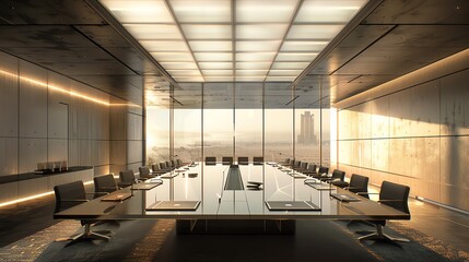 Obraz premium Corporate boardroom featuring Brutaliststyle exposed concrete and modern technology