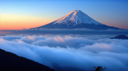 Mount Fuji sits majestically under a sunrise sky, its peak dusted with snow, while rolling clouds float below, creating a serene and breathtaking scene.