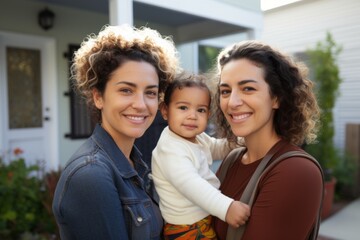 Obraz premium Portrait of a Hispanic lesbian couple with child