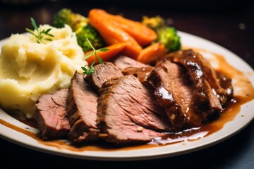 Close up sliced roast beef with vegetables on plate