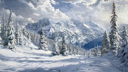 Snowy conditions Snow covered peaks Forested areas Images featuring trees