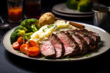 Close up sliced roast beef with vegetables on plate