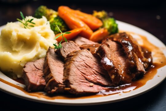 Close up sliced roast beef with vegetables on plate