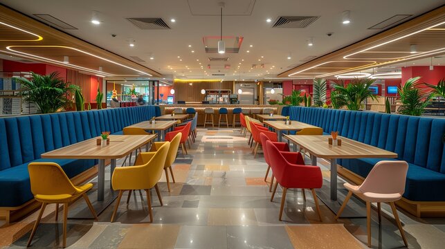 Corporate cafeteria with retrofuturistic design, colorful seating, and abstract art installations