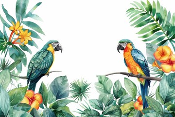 Two parrots are perched on a branch in a lush green jungle