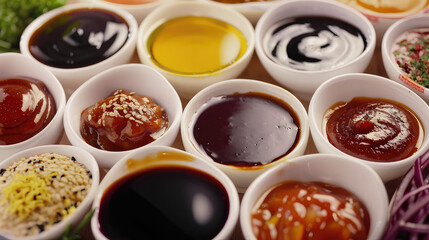Various sauces and condiments are presented in small white bowls, showcasing different textures and colors, including soy sauce, ketchup, sesame seeds, and more.