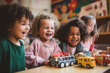 Happy and diverse group of children playing with toys in kindergarten