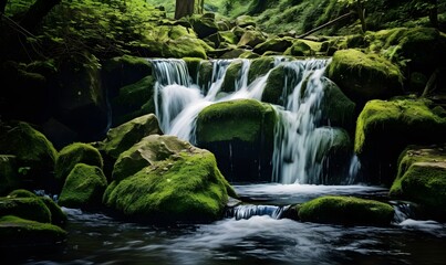 Obraz premium Small waterfall with mossy rocks, nature photography, in the style of national geographic, high resolution, high detail, close-up, flowing water on the stones, nature background, forest environment.