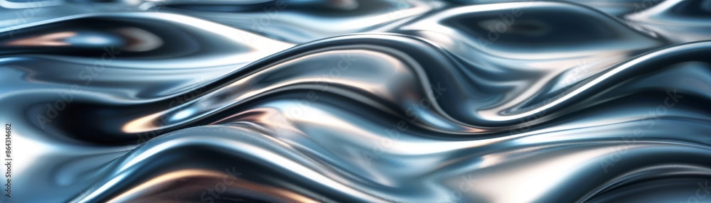 Poster abstract close-up of smooth, flowing metallic surface with reflective, wave-like patterns, creating 
