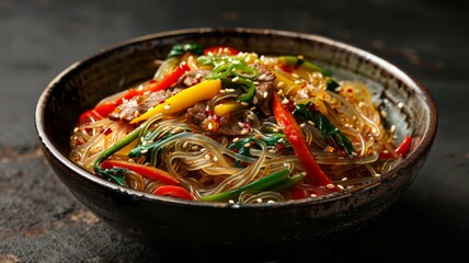 Satisfying Japchae with Beef and Vegetables. A delicious Japchae, Korean stir-fried glass noodles featuring beef and a variety of vegetables, topped with sesame seeds and presented in a traditional bo