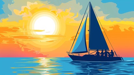 Naklejka premium Vector graphic of a group of friends enjoying a sunset cruise on a yacht