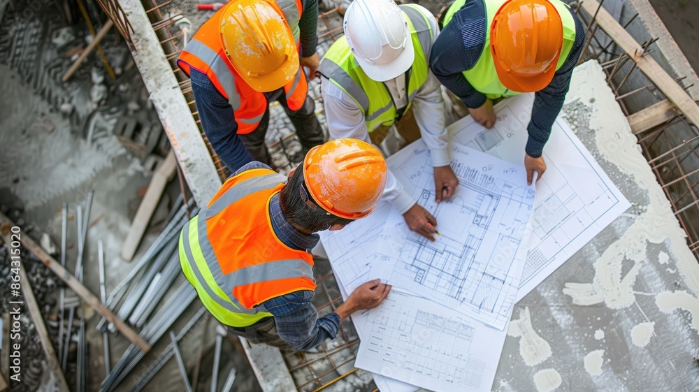 Poster top view of professional civil engineer planning building construction while wearing safety helmet a