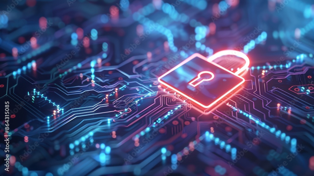 Poster digital security lock on neon circuitry, data encryption, secure networks