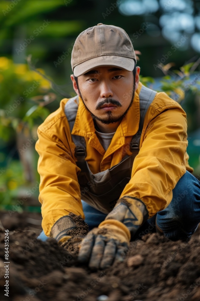 Wall mural 5. Portrait of an Asian agricultural technician testing soil in an organic farm, high quality photo, photorealistic, serious expression, studio lighting - Wall murals
