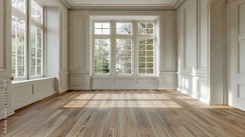 Poster elegant empty room with large windows and wooden floor. sunlight streaming through the windows creat