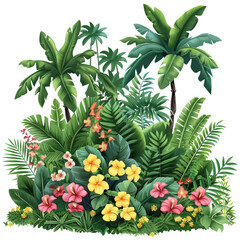 Exotic Jungle Plants and Flowers Isolated on Transparent or White Background, PNG