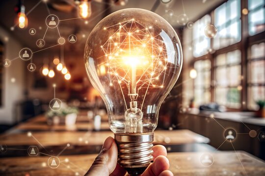 Ideen - L&ouml;sung und Innovation - Retro Gl&uuml;hbirne mit digitalen Elementen - Moderne Darstellung digitale Daten - Wissen und Forschung - Gl&uuml;hendes Licht - Kreativit&auml;t und Gedanken