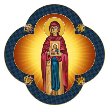 Christian traditional image of Saint Parascheva of the Balkans. Decorative cross in Byzantine style isolated