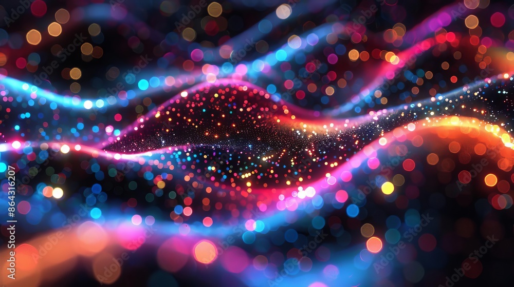 Poster vibrant, colorful abstract background with a wave of glowing particles creating a dynamic light effe
