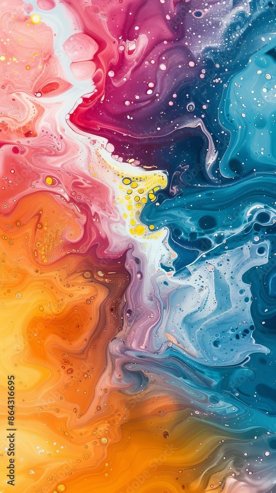 Poster vibrant abstract painting with bold colors blending together, creating a mesmerizing and dynamic vis