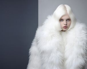Fashion editorial Concept. Stunning beautiful woman in white luxury fancy chic luxurious impeccable fur coat and hair. illuminated dynamic composition dramatic lighting. copy text space