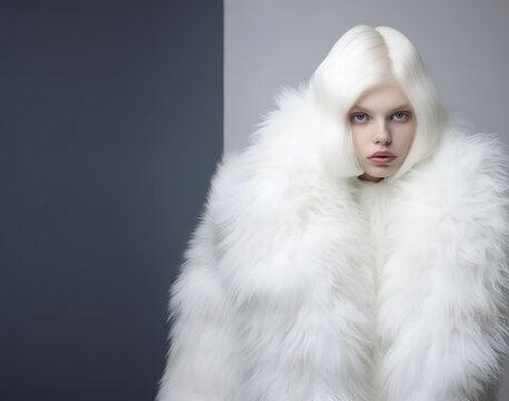 Fashion editorial Concept. Stunning beautiful woman in white luxury fancy chic luxurious impeccable fur coat and hair. illuminated dynamic composition dramatic lighting. copy text space