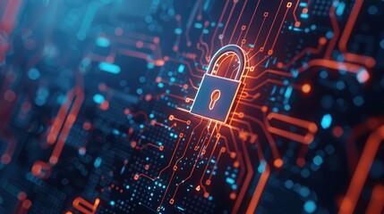 Fototapeta premium Illuminated lock on electronic board, digital security, information protection