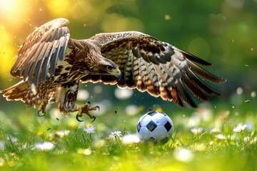 Fototapeta premium Hunting Eagle, Majestic Bird and Soccer Ball in Meadow, Dynamic Wildlife Action